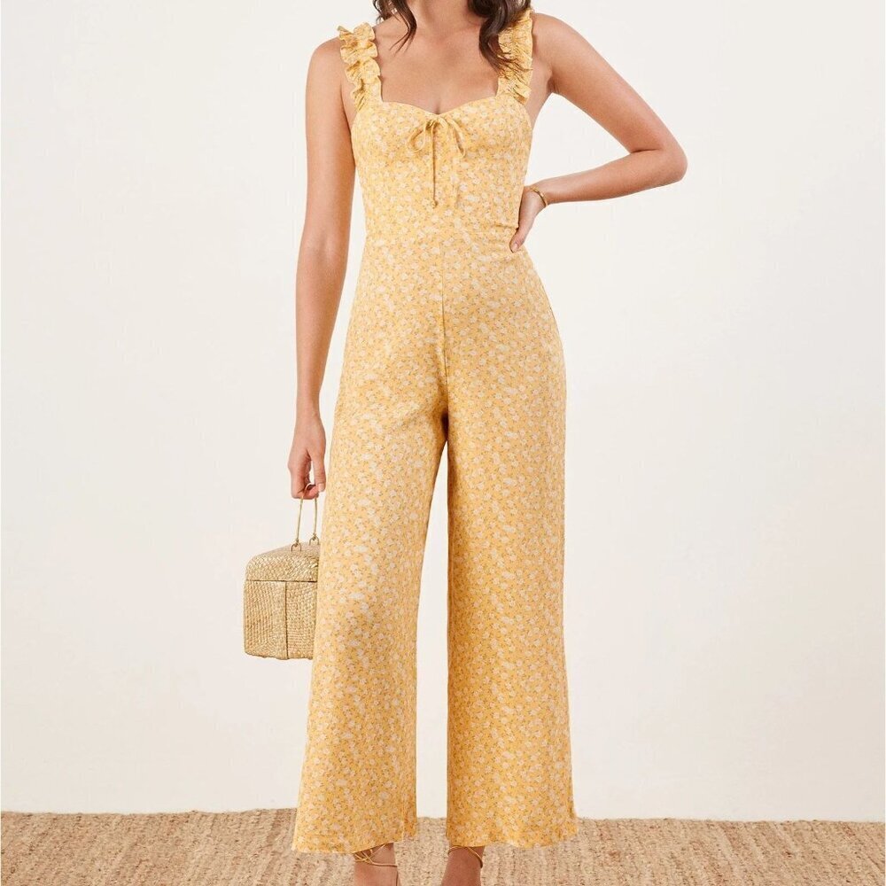 Reformation Moore Lily Butter Yellow Ruffle Srap Wide Leg Jumpsuit Size 10